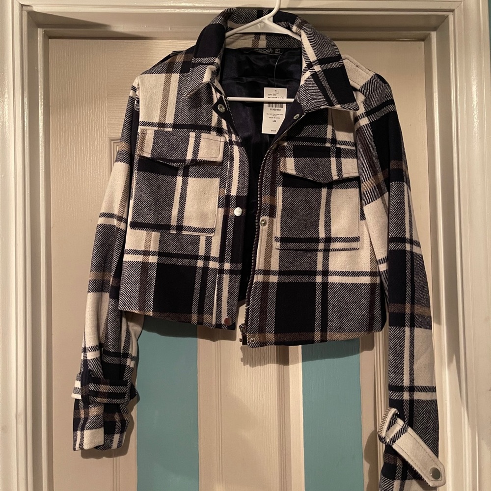 Blue flannel plaid cropped jacket